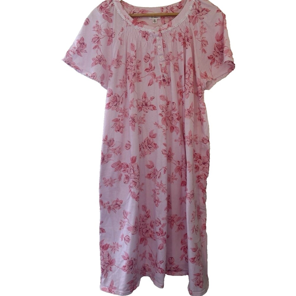 Aria Collection Nightgown Women XL Pink Floral 100% Cotton Lace Short Sleeve